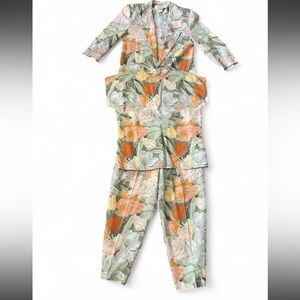 Vintage 90s Floral 3 Piece Set Blazer Top Pants Cottagecore Size 8 (~S/M)